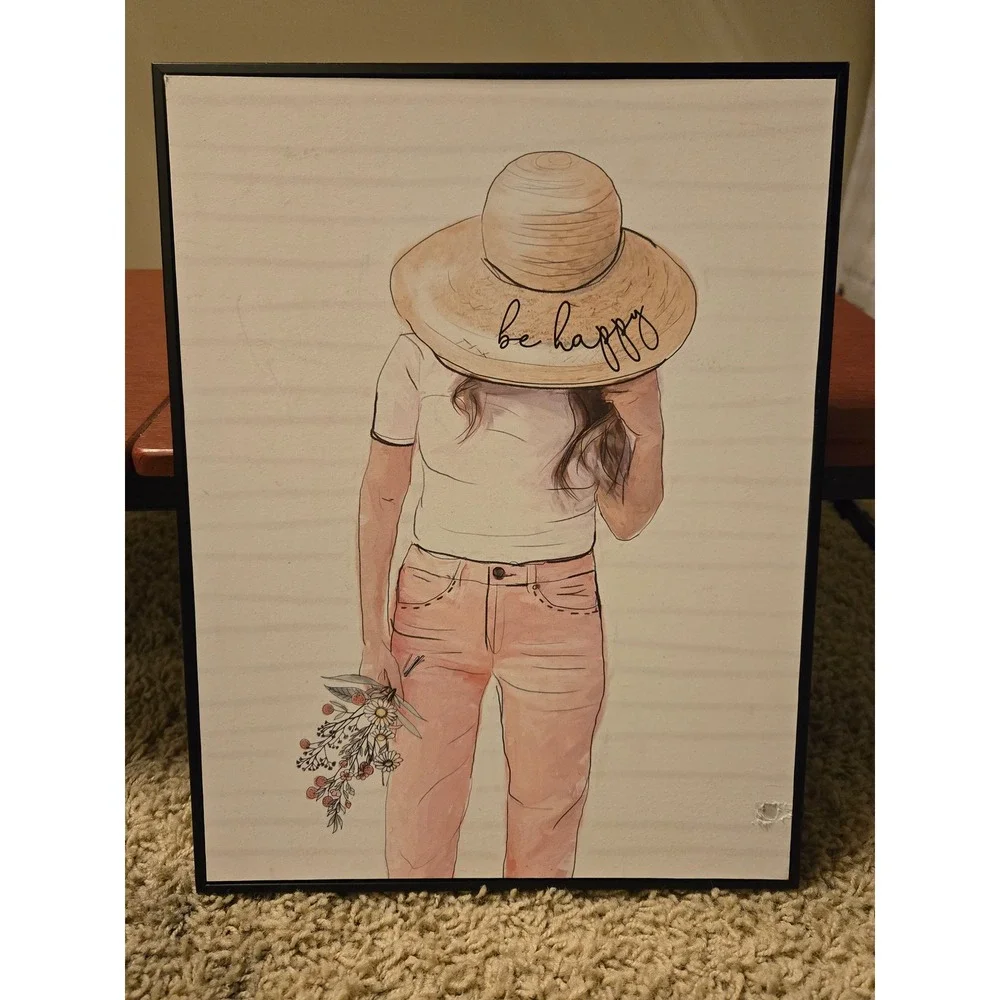 Hobby Lobby Be Happy Sun Hat Woman Framed Wall Art Boho Decor‎ Watercolor Style